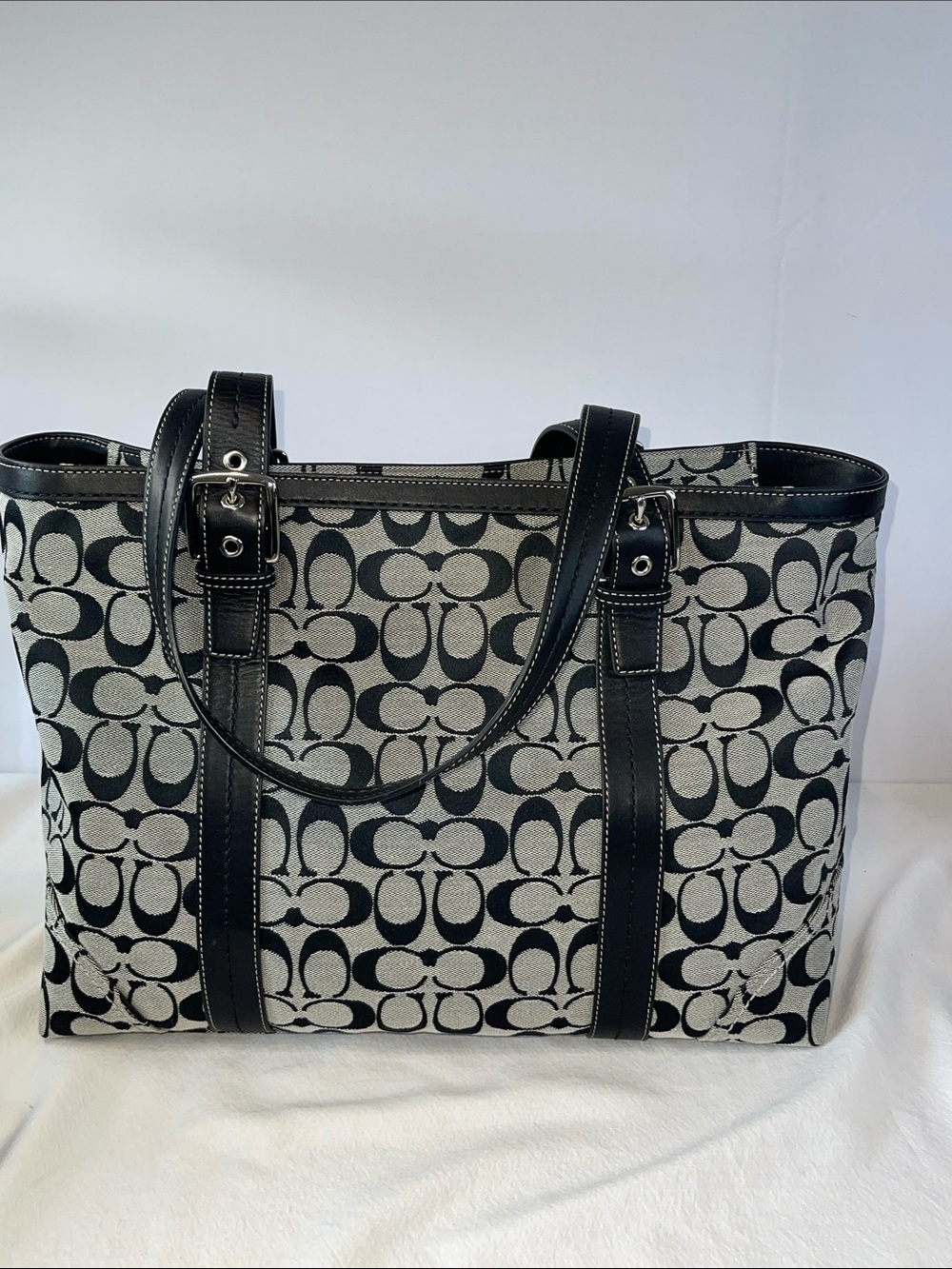 Coach Hampton Signature Jacquard Tote F12647 Black White Leather Large - Picture 4 of 11